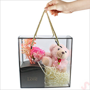 Pembe Pelüş Ayıcıklı Ve Kutulu Yapay Çiçek Buketi - 20cm