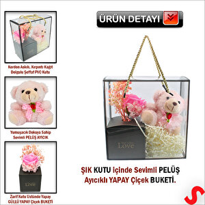 Pembe Pelüş Ayıcıklı Ve Kutulu Yapay Çiçek Buketi - 20cm