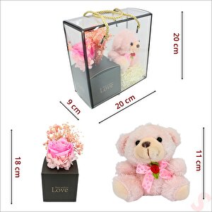 Pembe Pelüş Ayıcıklı Ve Kutulu Yapay Çiçek Buketi - 20cm
