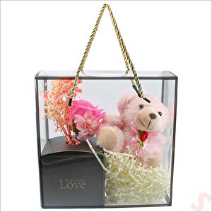 Pembe Pelüş Ayıcıklı Ve Kutulu Yapay Çiçek Buketi - 20cm