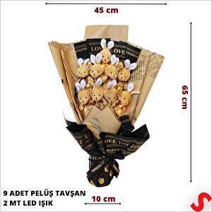 9 Kahve Pelüş Tavşanlı Led Işıklı Buket, 65cm X 45cm