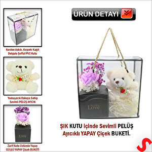 Beyaz Pelüş Ayıcıklı Ve Kutulu Yapay Çiçek Buketi - 20cm