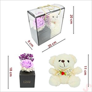 Beyaz Pelüş Ayıcıklı Ve Kutulu Yapay Çiçek Buketi - 20cm