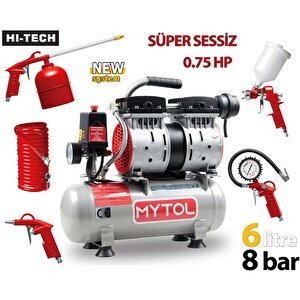 Mytol 6 Litre 8 Bar Süper Sessiz Yağsız Hava Kompresörü 5 Li Havalı Setli 0.75 Hp Beyaz