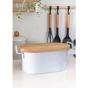 Stripe Ahşap Kapaklı Ekmek Saklama Kutusu Beyaz 40x22x18 Cm