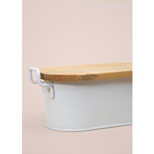 The Mia Stripe Ahşap Kapaklı Ekmek Saklama Kutusu Beyaz 40x22x18 Cm