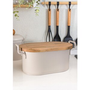 Stripe Ahşap Kapaklı Ekmek Saklama Kutusu Bej 40x22x18 Cm
