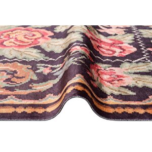 Vintage 02 Siyah Antik Desen Makinede Yıkanabilir Kaymaz Dijital Baskı Ince Mutfak Halısı 80x150 cm
