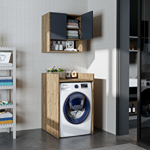 Çamaşır-kurutma Makinesi Dolabı+ Üst Dolabı, Banyo Dolabı 65 Cm Atlantik Çam Antrasit