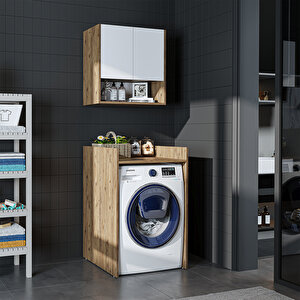 Çamaşır-kurutma Makinesi Dolabı+ Üst Dolabı, Banyo Dolabı 65 Cm Atlantik Çam - Beyaz
