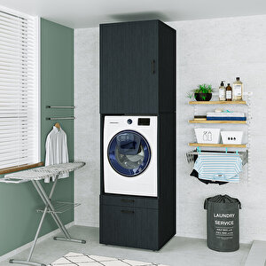 2 Çekmeceli Çamaşır Ve Kurutma Makinesi Dolabı + Üst Dolap, Banyo Dolabı 240 Cm Siyah