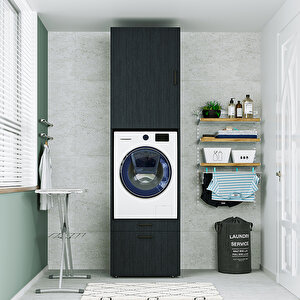 2 Çekmeceli Çamaşır Ve Kurutma Makinesi Dolabı + Üst Dolap, Banyo Dolabı 240 Cm Siyah