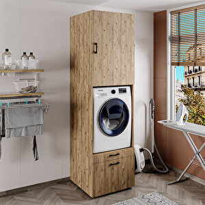 2 Çekmeceli Çamaşır Ve Kurutma Makinesi Dolabı + Üst Dolap, Banyo Dolabı 240 Cm Atlantik Çam
