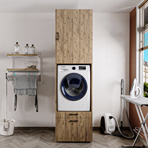 2 Çekmeceli Çamaşır Ve Kurutma Makinesi Dolabı + Üst Dolap, Banyo Dolabı 240 Cm Atlantik Çam