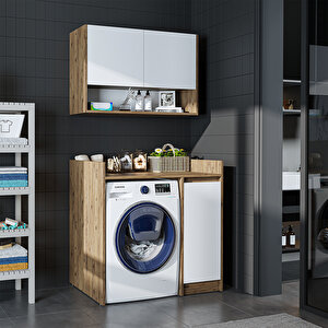 Çamaşır-kurutma Makinesi Dolabı+ Üst Dolabı, Banyo Dolabı 100 Cm Atlantik Çam - Beyaz