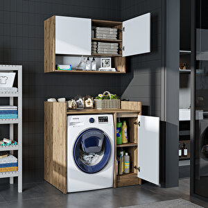 Çamaşır-kurutma Makinesi Dolabı+ Üst Dolabı, Banyo Dolabı 100 Cm Atlantik Çam - Beyaz