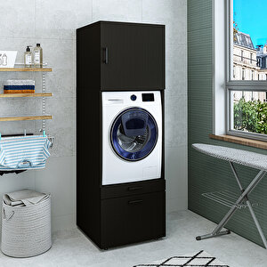2 Çekmeceli Çamaşır Ve Kurutma Makinesi Dolabı + Üst Dolap, Banyo Dolabı 205 Cm Siyah