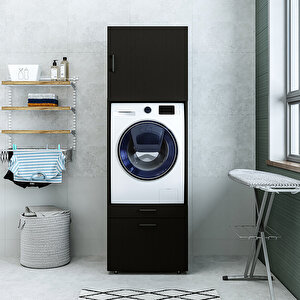 2 Çekmeceli Çamaşır Ve Kurutma Makinesi Dolabı + Üst Dolap, Banyo Dolabı 205 Cm Siyah