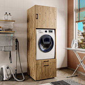 2 Çekmeceli Çamaşır Ve Kurutma Makinesi Dolabı + Üst Dolap, Banyo Dolabı 205 Cm Atlantik Çam