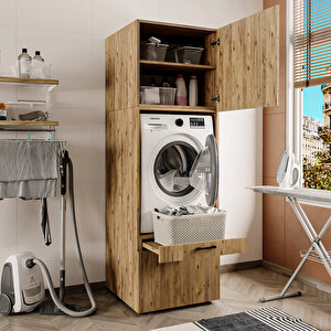2 Çekmeceli Çamaşır Ve Kurutma Makinesi Dolabı + Üst Dolap, Banyo Dolabı 205 Cm