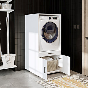 Tek Çekmeceli Ve Kapaklı  Çamaşır Ve Kurutma Makinesi Dolabı, Banyo Dolabı Beyaz