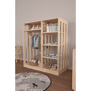 Doğal Ahşap Flexo Montessori Askılıklı 4 Raflı Elbise Dolabı