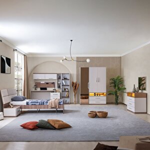 Milano Genç Odası - 3 Kapaklı Aynalı Dolap, Karyola, Komodin, Çalışma Masası, Şifonyer, Kitaplık