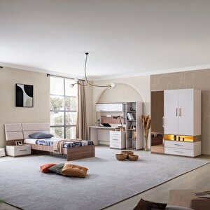 Milano Genç Odası - 3 Kapaklı Aynalı Dolap, Karyola, Komodin, Çalışma Masası, Kitaplık