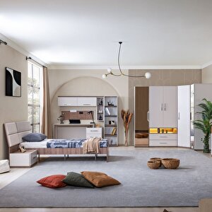 Milano Genç Odası - 5 Kapaklı Aynalı Dolap, Karyola, Komodin, Çalışma Masası, Kitaplık
