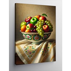 Kanvas Tablo Meyve Kasesi Ve İşlemeli Masa Örtüsü 50x70 cm