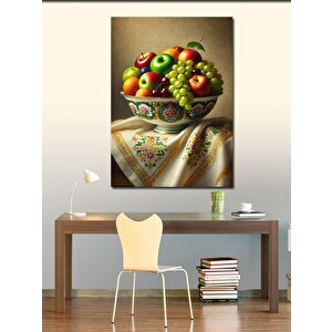 Kanvas Tablo Meyve Kasesi Ve İşlemeli Masa Örtüsü 50x70 cm
