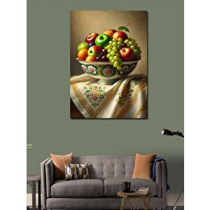 Kanvas Tablo Meyve Kasesi Ve İşlemeli Masa Örtüsü 100x140 cm