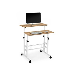 Yükseklik Ayarlı Bilgisayar/laptop Ve Çalışma Masası - Çam Beyaz 80x60 (tekerli̇) Oval Kenar