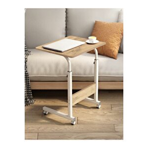 Yükseklik Ayarlı Laptop Sehpası - Atlantik Çam Beyaz (tekerli̇) 60x40 Oval Kenar