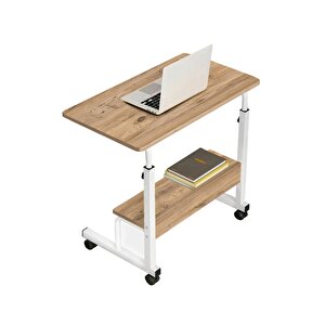 Yükseklik Ayarlı Raflı Laptop Sehpası Ve Çalışma Masası - Atlantik Çam Beyaz (tekerli̇) 70x40