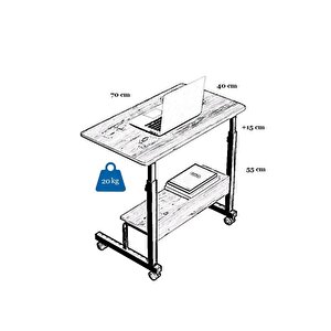 Yükseklik Ayarlı Raflı Laptop Sehpası Ve Çalışma Masası - Atlantik Çam Beyaz (tekerli̇) 70x40