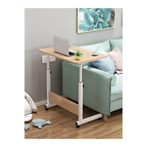 Yükseklik Ayarlı Laptop Sehpası Ve Çalışma Masası - Atlantik Çam Beyaz (tekerli) Oval Kenar - 70x40