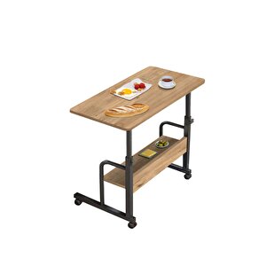 Yükseklik Ayarlı Ve Raflı Kahvaltı Ve Yemek Sehpası - Atlantik Çam 70x40 Oval Kenar