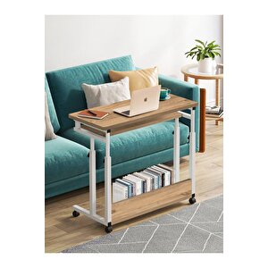 Yükseklik Ayarlı Ve Klavyelikli Çalışma Masası - Atlantik Çam Beyaz (tekerli) 80x40 Oval Kenar