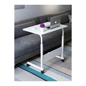 Yükseklik Ayarlı Laptop Sehpası Ve Çalışma Masası - Beyaz (tekerli̇) Oval Kenar - 70x40