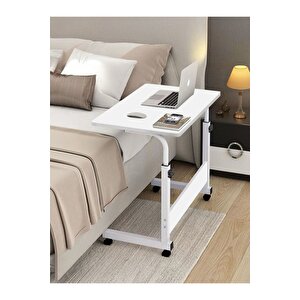 Yükseklik Ayarlı Laptop Sehpası Ve Çalışma Masası - Beyaz (tekerli̇) Oval Kenar - 70x40