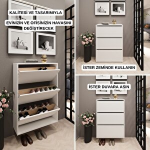 Shuba Düşer Kapak 3 Raflı Duvara Monte Edilebilir Ayakkabılık Beyaz