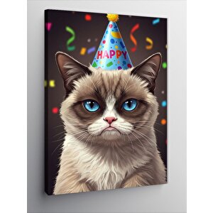 Kanvas Tablo Şapkalı Mutlu Kedi 50x70 cm