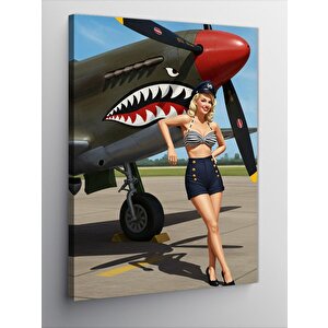 Kanvas Tablo Askeri Uçak Ve Pin-up Kadın 70x100 cm