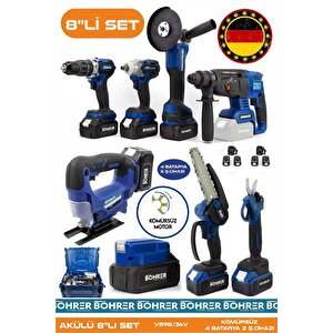 Alman Akülü Kömürsüz V598 5ah Profesyonel 8 Makine Kombo Set ,blue 4 Batarya 2 Ş. Cihazı