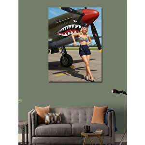 Kanvas Tablo Askeri Uçak Ve Pin-up Kadın 50x70 cm