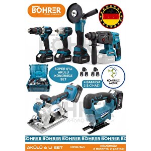Alman 4 Akülü 2 Şarjlı Kömürsüz V598 5ah Profesyonel 6 Makine Kombo Set ,mavi Tek Çanta