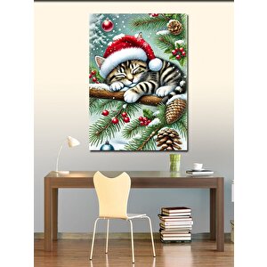 Kanvas Tablo Noel Şapkası Takan Kedi 70x100 cm