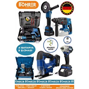 Alman 4 Akülü 2 Şarjlı Kömürsüz V598 5ah Profesyonel 4 Makine Kombo Set ,mavi Tek Çanta