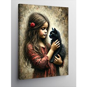 Kanvas Tablo Kız Ve Siyah Kedi 50x70 cm